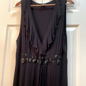 Black Dress - Ruffled V-neck - Bead Accent Sleeveless LBD Med.